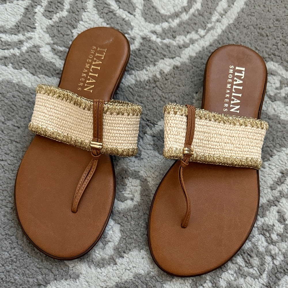 Italian Shoemakers Brown and Cream Woven Slide Sandals